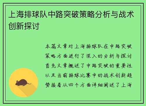 上海排球队中路突破策略分析与战术创新探讨